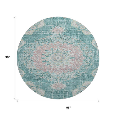 8' X 8' Teal Blush And Ivory Floral Washable Round Rug With UV Protection