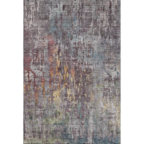 5' X 8' Pewter Gold And Eggplant Abstract Washable Area Rug With UV Protection