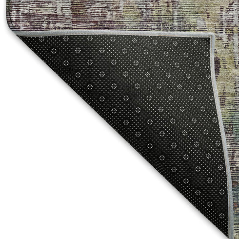 5' X 8' Pewter Gold And Eggplant Abstract Washable Area Rug With UV Protection