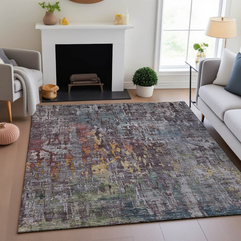 9' X 12' Pewter Gold And Eggplant Abstract Washable Area Rug With UV Protection