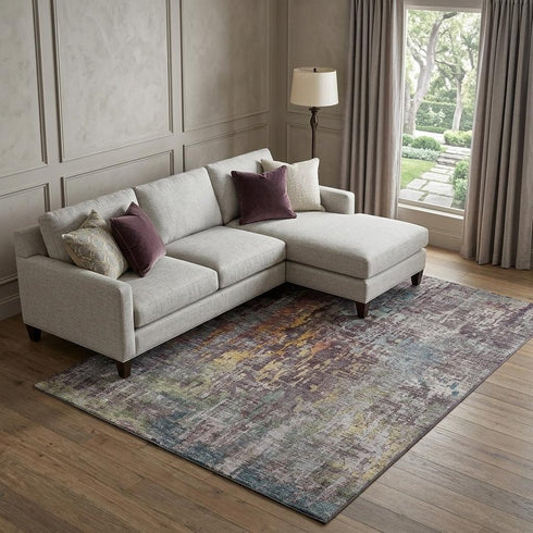 9' X 12' Pewter Gold And Eggplant Abstract Washable Area Rug With UV Protection