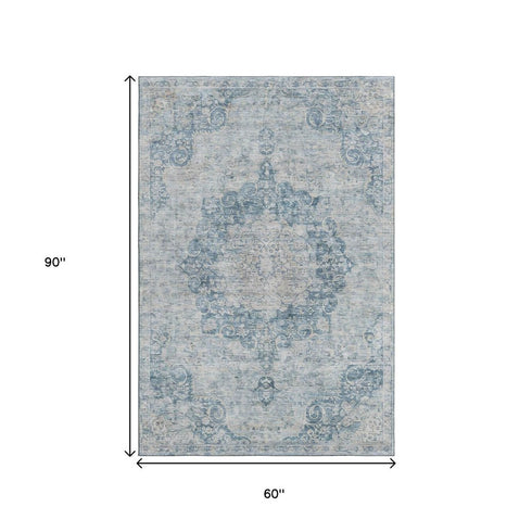 5' X 8' Blue And Ivory Floral Washable Area Rug With UV Protection