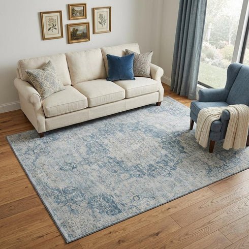 5' X 8' Blue And Ivory Floral Washable Area Rug With UV Protection