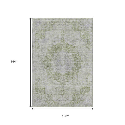 9' X 12' Olive Green And Silver Oriental Washable Area Rug With UV Protection