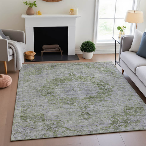 9' X 12' Olive Green And Silver Oriental Washable Area Rug With UV Protection