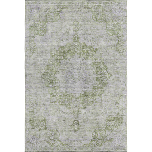 9' X 12' Olive Green And Silver Oriental Washable Area Rug With UV Protection