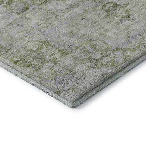 9' X 12' Olive Green And Silver Oriental Washable Area Rug With UV Protection