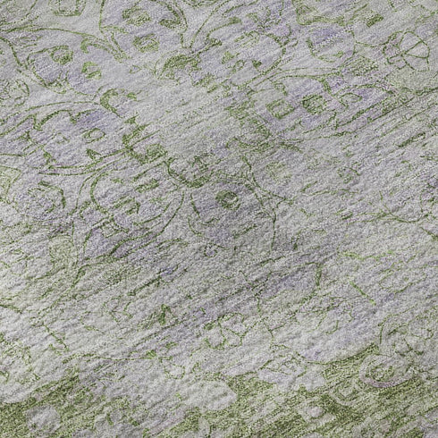 9' X 12' Olive Green And Silver Oriental Washable Area Rug With UV Protection