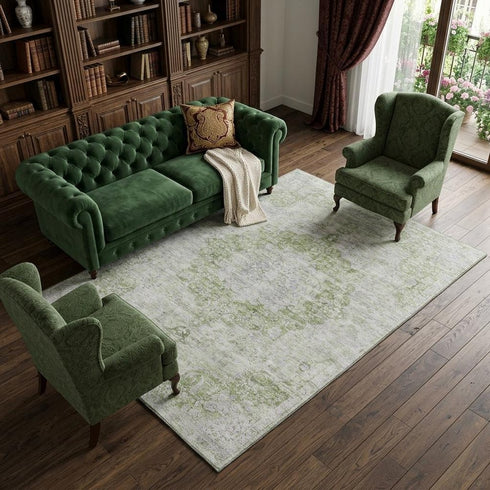 9' X 12' Olive Green And Silver Oriental Washable Area Rug With UV Protection