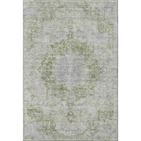 9' X 12' Olive Green And Silver Oriental Washable Area Rug With UV Protection