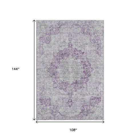 9' X 12' Purple And Silver Oriental Washable Area Rug With UV Protection