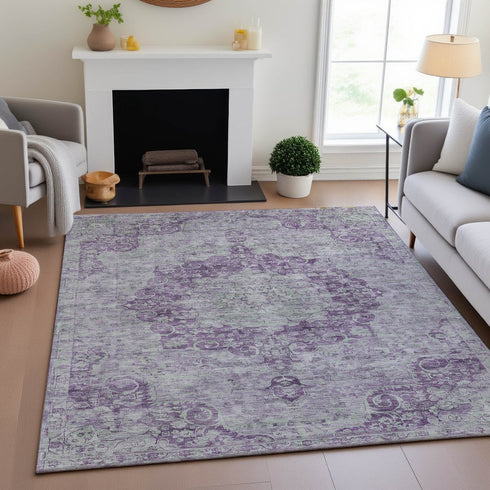 9' X 12' Purple And Silver Oriental Washable Area Rug With UV Protection