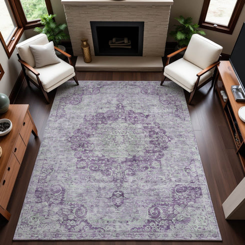 9' X 12' Purple And Silver Oriental Washable Area Rug With UV Protection