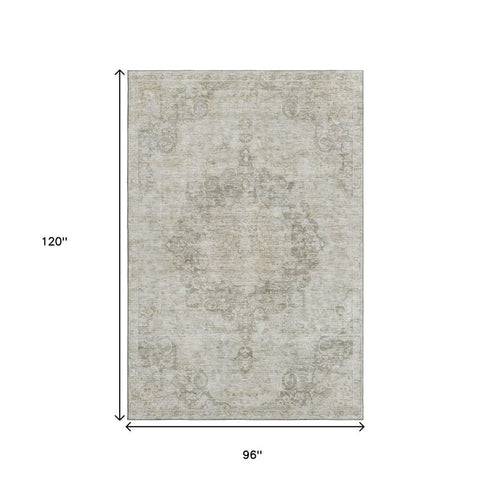8' Beige And Taupe Oriental Washable Area Rug With UV Protection