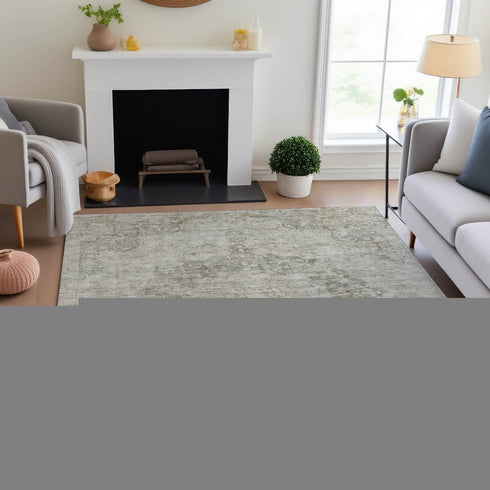 8' Beige And Taupe Oriental Washable Area Rug With UV Protection