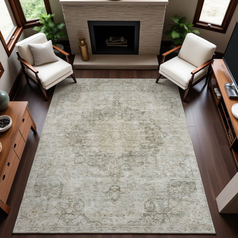 8' Beige And Taupe Oriental Washable Area Rug With UV Protection
