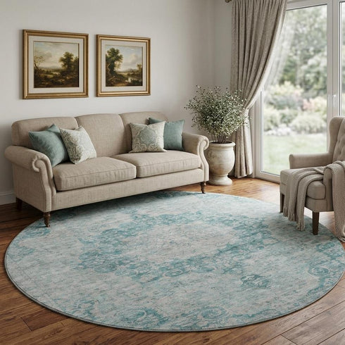 8' X 8' Teal And Silver Oriental Washable Round Rug With UV Protection