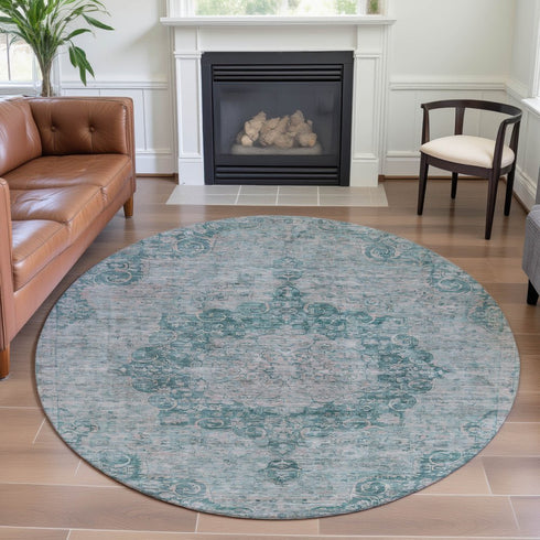 8' X 8' Teal And Silver Oriental Washable Round Rug With UV Protection