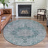 8' X 8' Teal And Silver Oriental Washable Round Rug With UV Protection