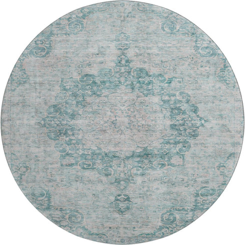 8' X 8' Teal And Silver Oriental Washable Round Rug With UV Protection