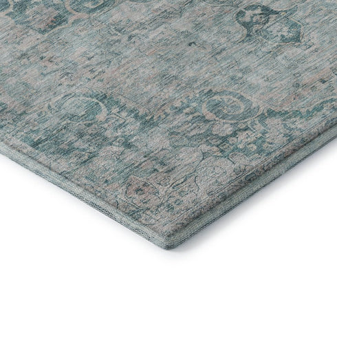 8' X 8' Teal And Silver Oriental Washable Round Rug With UV Protection