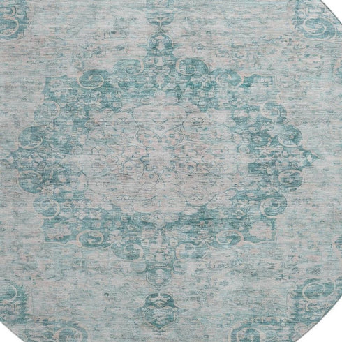 8' X 8' Teal And Silver Oriental Washable Round Rug With UV Protection