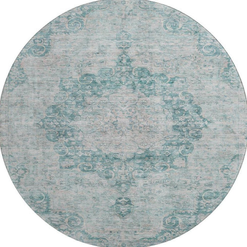 8' X 8' Teal And Silver Oriental Washable Round Rug With UV Protection