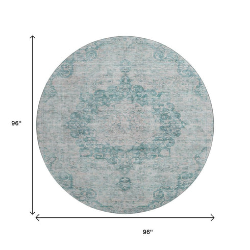 8' X 8' Teal And Silver Oriental Washable Round Rug With UV Protection