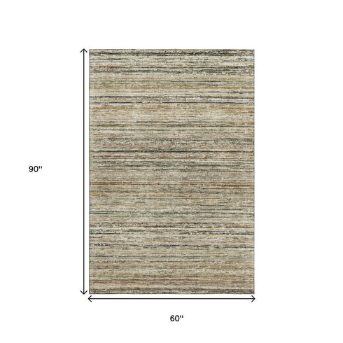 5' X 8' Beige Gold And Brown Striped Washable Area Rug With UV Protection