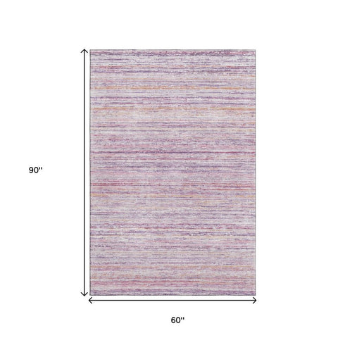 5' X 8' Mauve Lavender And Ivory Striped Washable Area Rug With UV Protection