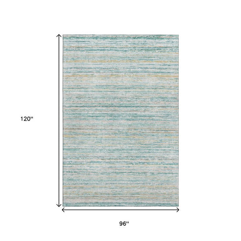 8' Teal Ivory And Gold Striped Washable Area Rug With UV Protection