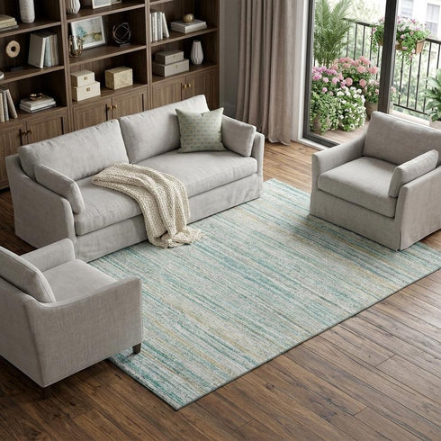 8' Teal Ivory And Gold Striped Washable Area Rug With UV Protection