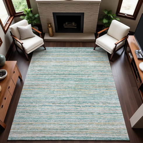 8' Teal Ivory And Gold Striped Washable Area Rug With UV Protection