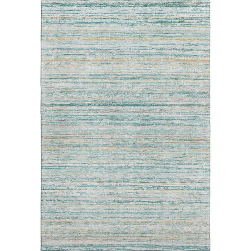 8' Teal Ivory And Gold Striped Washable Area Rug With UV Protection