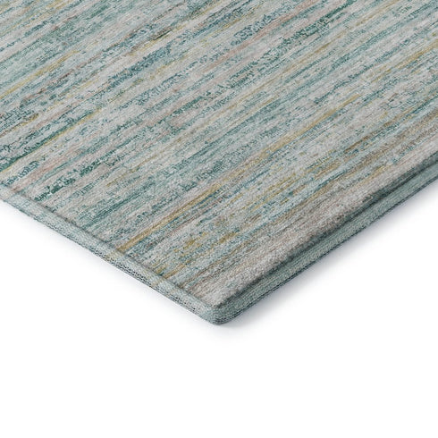 8' Teal Ivory And Gold Striped Washable Area Rug With UV Protection