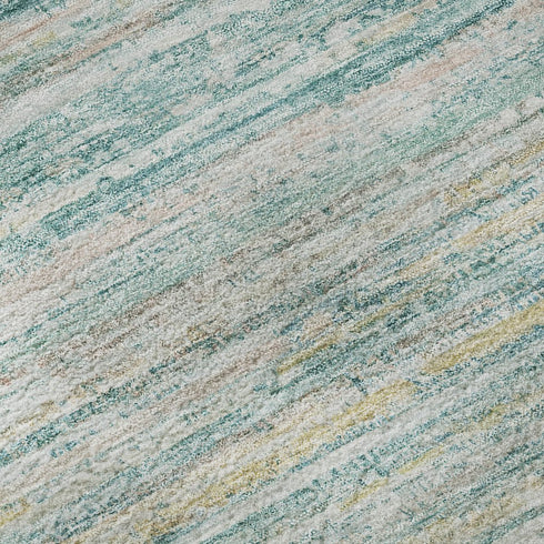 8' Teal Ivory And Gold Striped Washable Area Rug With UV Protection
