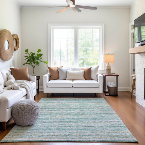 8' Teal Ivory And Gold Striped Washable Area Rug With UV Protection