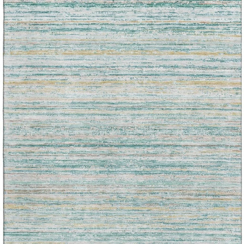 8' Teal Ivory And Gold Striped Washable Area Rug With UV Protection
