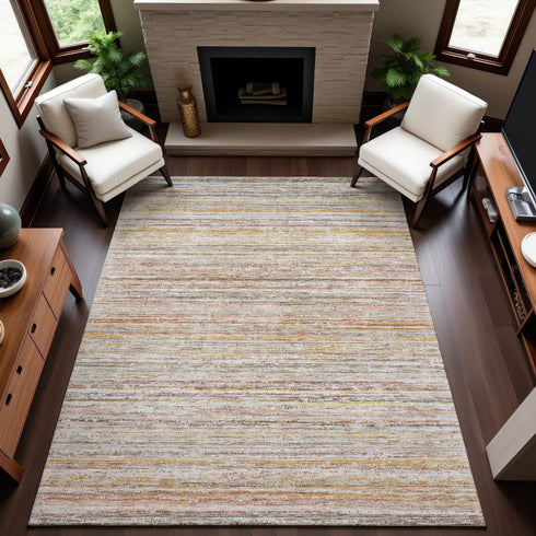 8' Terra Cotta Gold And Peach Striped Washable Area Rug With UV Protection