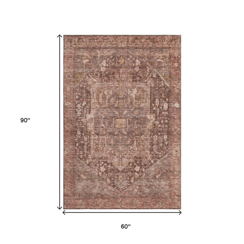 5' X 8' Burgundy Ivory And Gold Oriental Washable Area Rug With UV Protection