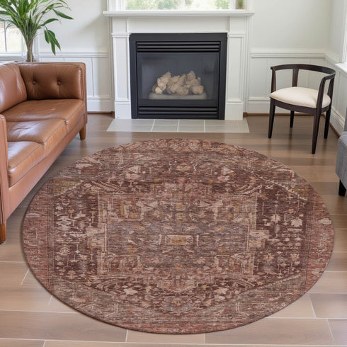 8' X 8' Burgundy Ivory And Gold Oriental Washable Round Rug With UV Protection