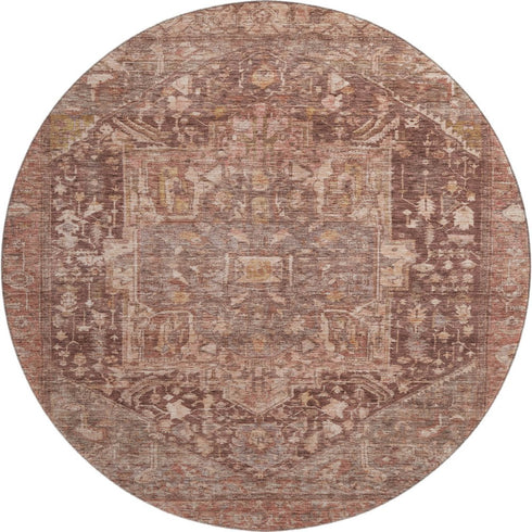 8' X 8' Burgundy Ivory And Gold Oriental Washable Round Rug With UV Protection