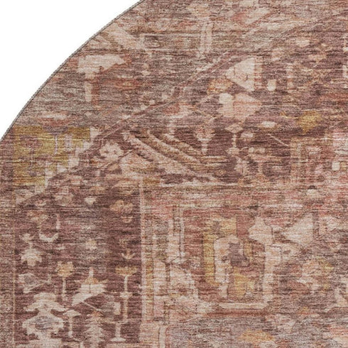 8' X 8' Burgundy Ivory And Gold Oriental Washable Round Rug With UV Protection