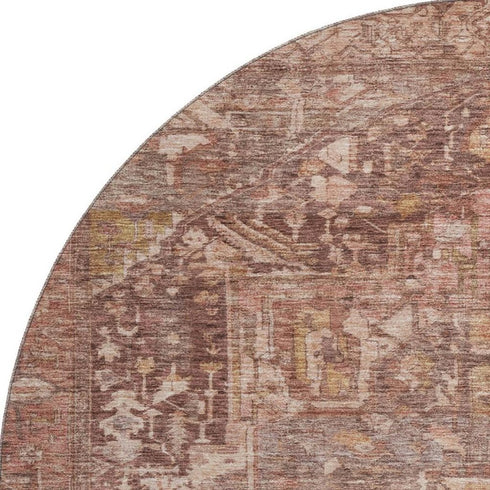 8' X 8' Burgundy Ivory And Gold Oriental Washable Round Rug With UV Protection