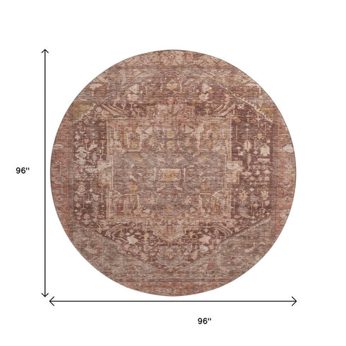 8' X 8' Burgundy Ivory And Gold Oriental Washable Round Rug With UV Protection
