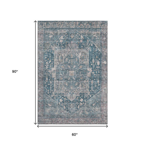 5' X 8' Blue Gray And Silver Oriental Washable Area Rug With UV Protection