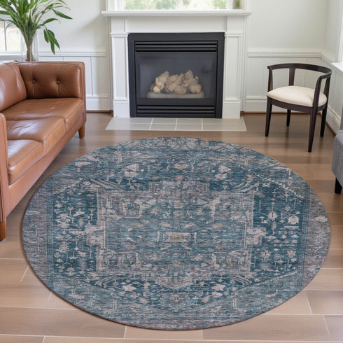 8' X 8' Blue Gray And Silver Oriental Washable Round Rug With UV Protection