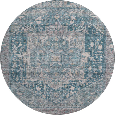 8' X 8' Blue Gray And Silver Oriental Washable Round Rug With UV Protection
