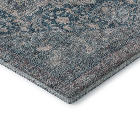 8' X 8' Blue Gray And Silver Oriental Washable Round Rug With UV Protection