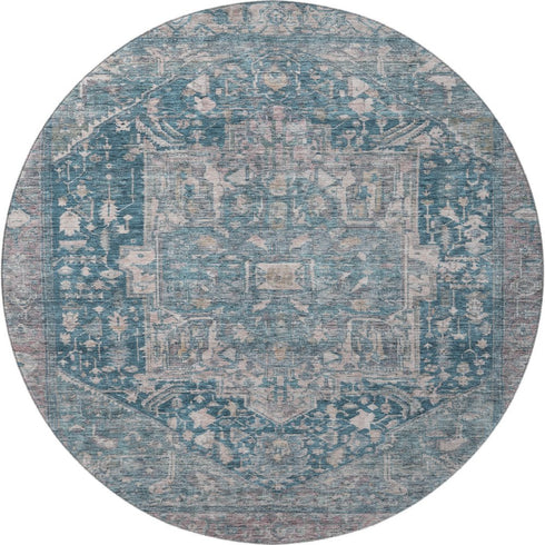 8' X 8' Blue Gray And Silver Oriental Washable Round Rug With UV Protection